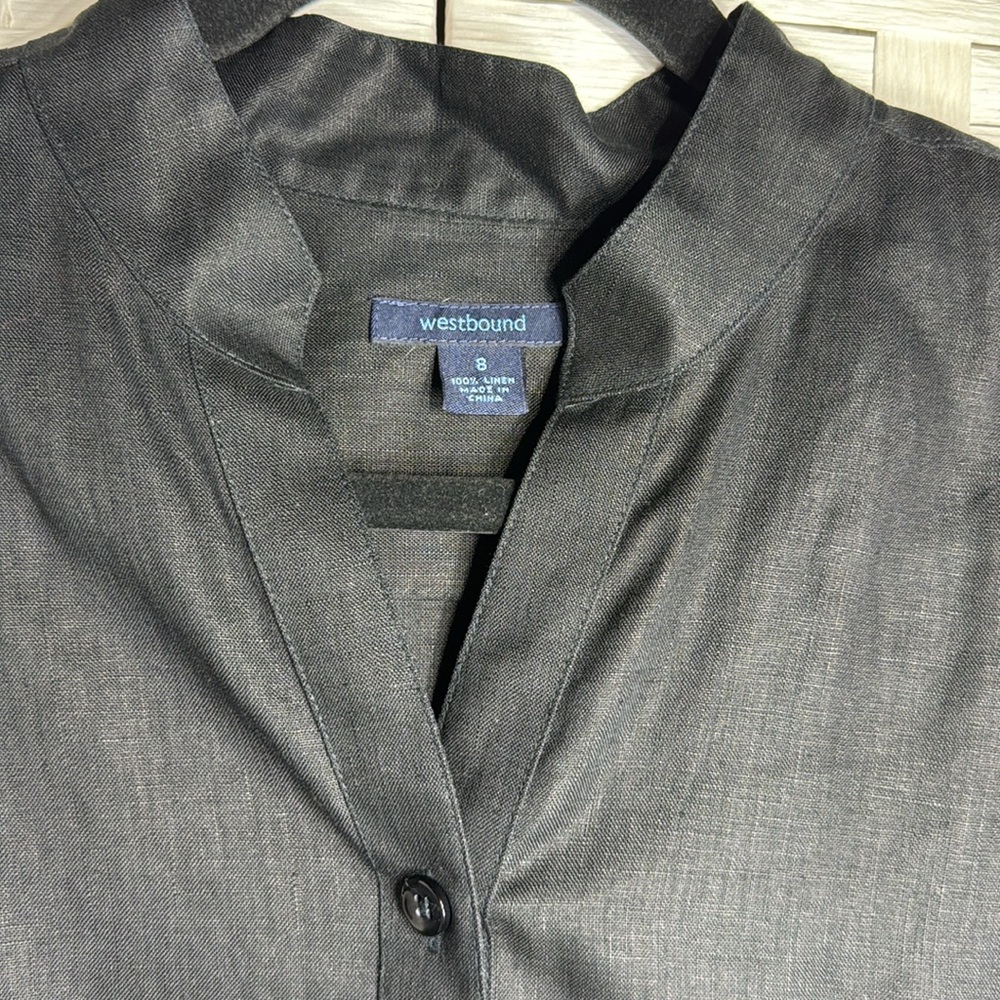 Westbound Linen Women’s Black Button Up Smocked Waist Mock Collared Shirt Size 8 - Picture 6 of 12